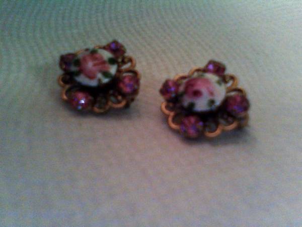 2 Vintage Pink Crystal & Rose PINS