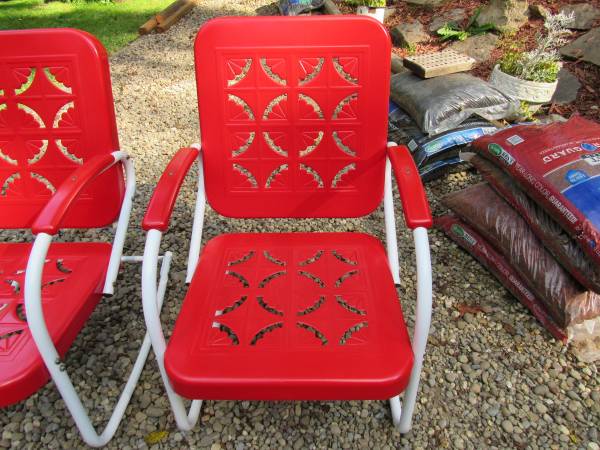 2 mid century metal porch chairs