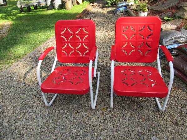 2 mid century metal porch chairs