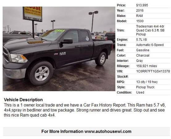 2016 RAM 1500 Tradesman 4×4 Quad Cab 1 owner