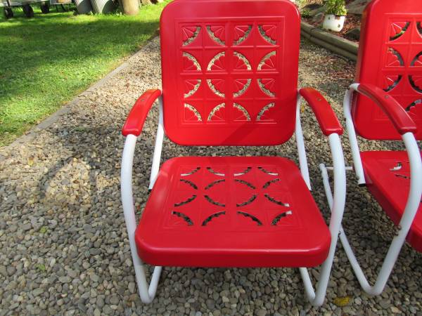 2 mid century metal porch chairs