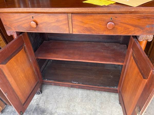 American Empire Crotch Mahogany Server Cabinet Lion Claw Feet front/