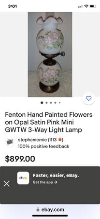 Fenton, hand painted and signed, large 3-way lamp, Gone with the wind