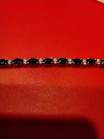 .925 Silver Sapphire w/Diamond Chips Tennis Bracelet