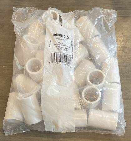 BAG OF (23) CONTRACTOR PACK NIBCO PVC 3/4” COUPLING – New Open Bag