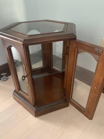 Table, cherry wood, glass top and shelf, door