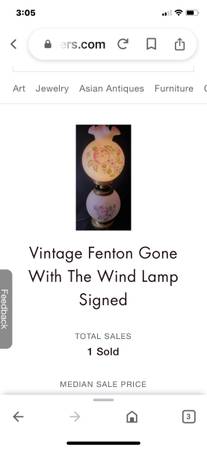 Fenton, hand painted and signed, large 3-way lamp, Gone with the wind