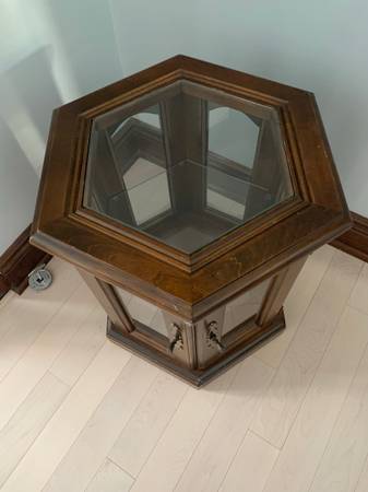 Table, cherry wood, glass top and shelf, door