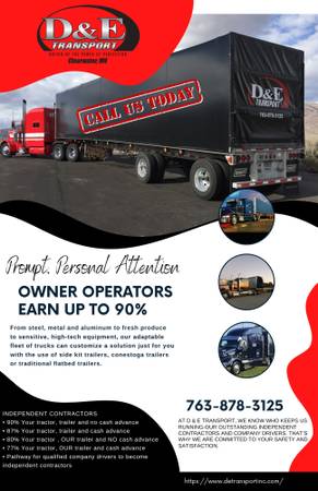 OWNER OPERATORS _CONESTOGA!! Earn up to 90% – Join the D&E Family