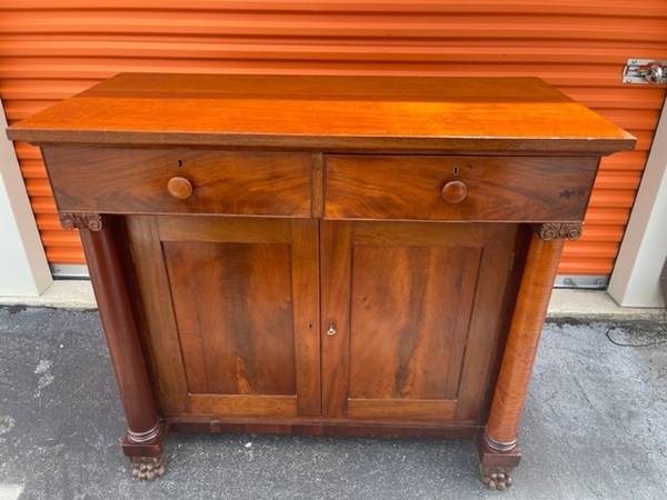 American Empire Crotch Mahogany Server Cabinet Lion Claw Feet front/