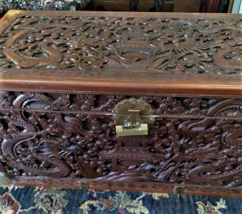 Antique Asian Carved Trunk-40″W x 20″D x 19″H