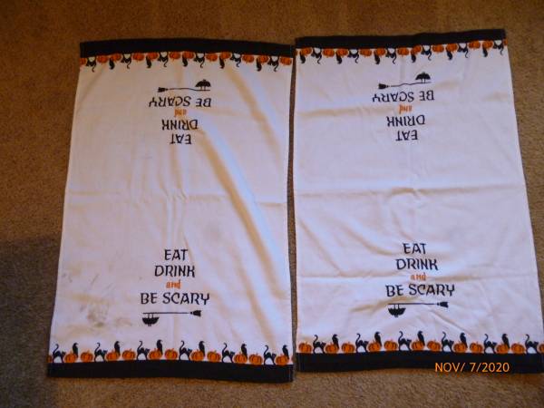 Halloween Kitchen Bar Towels – Pumpkins, Bats, Black Cats & Crows – Oc