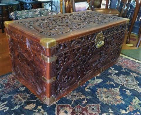 Antique Asian Carved Trunk-40″W x 20″D x 19″H