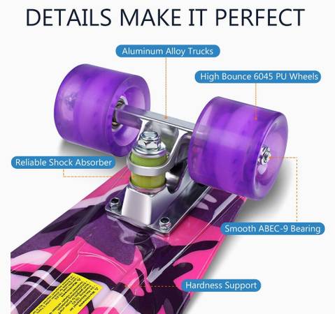 new 22″ Gorifei Skateboard for kids Beginner age 6-12 pink camouflage