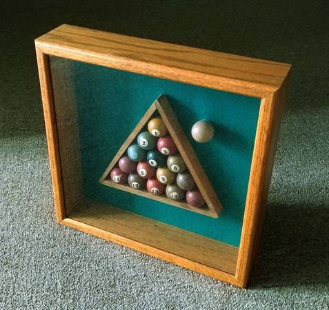 Antique Toy Clay Billiard Pool Ball Set, All 16 Balls + Rack, Framed