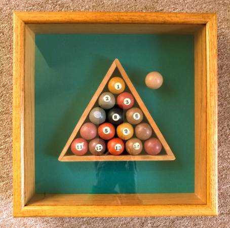 Antique Toy Clay Billiard Pool Ball Set, All 16 Balls + Rack, Framed