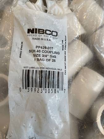 BAG OF (23) CONTRACTOR PACK NIBCO PVC 3/4” COUPLING – New Open Bag