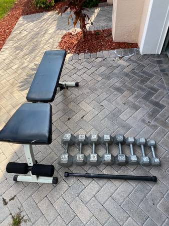 Cast iron dumbbells with workout bench and pullup bar