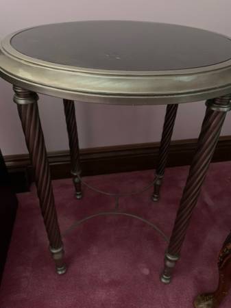 table, gold and smoked etched glass top