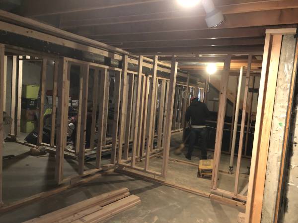 Tile and patios and fences framing Basement remodeling