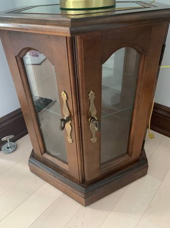 Table, cherry wood, glass top and shelf, door