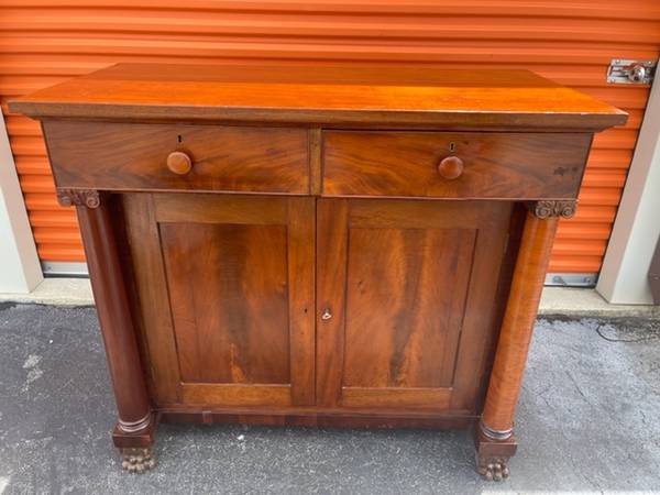 American Empire Crotch Mahogany Server Cabinet Lion Claw Feet front/