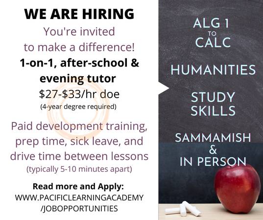 Tutor(s) $27-33+/hr part-time (3-8pm) Math + other subjects