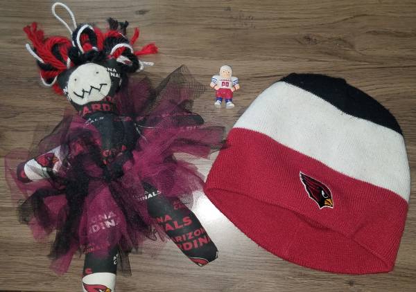 Arizona Cardinals swag: beanie, voodoo/frustration doll, action figure